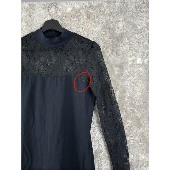 EDC Size S Mesh Keyhole Mock Neck Mini Sheath Dress Navy Long Sleeve Button - Picture 3 of 12